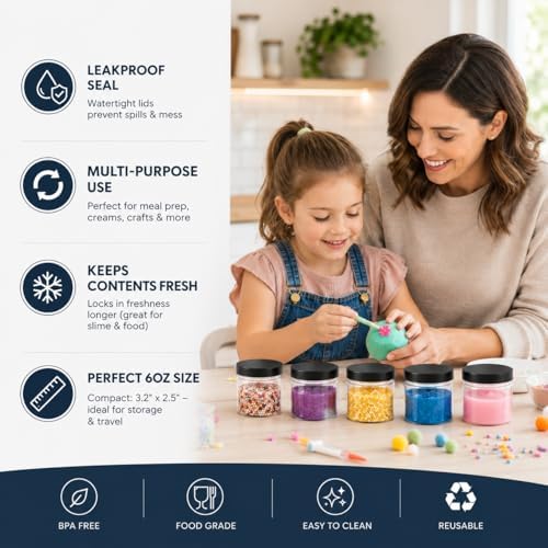 Healthy Packers 6 oz Plastic Jars with Lids | 12-Pack Black Lids