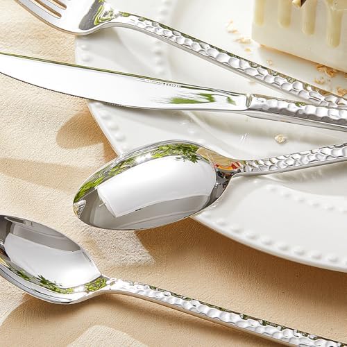 20 Piece Hammered Silverware Set, 18/10 Stainless Steel Flatware Set