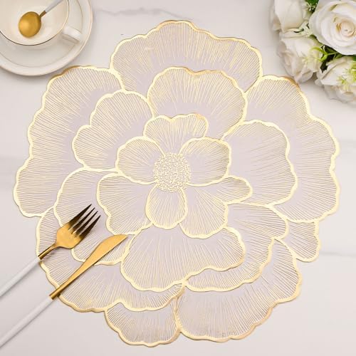 Evevda 15 Inch Gold Floral Shaped Vinyl Placemats for Dinner Table Set