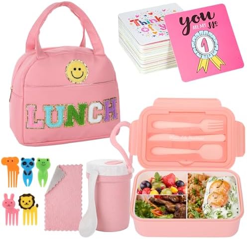 77 Pieces Preppy Bento Box Lunch Box Kit Large Pink Insulated Lunch