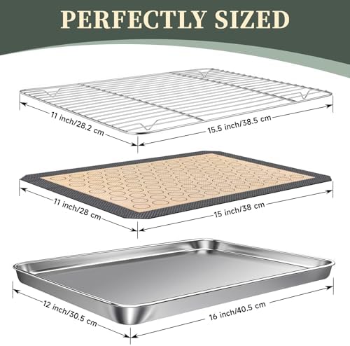 Stainless Steel Baking Sheet, Rack and Mat Set, 16 x 12 x 1 Inch