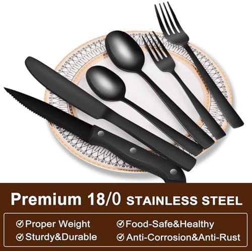 24-Piece Black Silverware Set for 4, Stainless Steel Flatware Set with