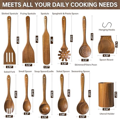 12 PCS Natural Acacia Wooden Utensil Set Wooden Spoons for Cooking