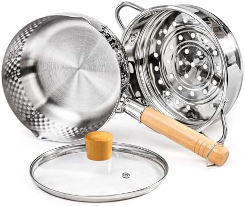 DEAYOU Stainless Steel Saucepan with Steamer, 1.2 Quart Yukihira Sauce Pan with Lid, Traditional Japanese Small Cooking Pot with Wood Handle and Two Side Spouts for Milk, Ramen, Soup, Tempura, 7"