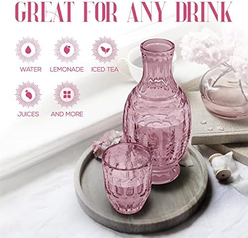 Elle Decor Vintage Bedside Water Carafe Set with Tumbler Lid, Pink
