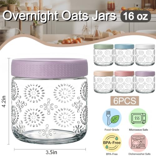 6 Pack 16 oz Glass Overnight Oats Containers with Lids
