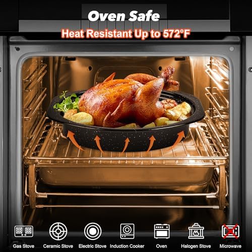 13” Roasting Pan with Lid and Rack, Small Enameled Chicken Roaster for
