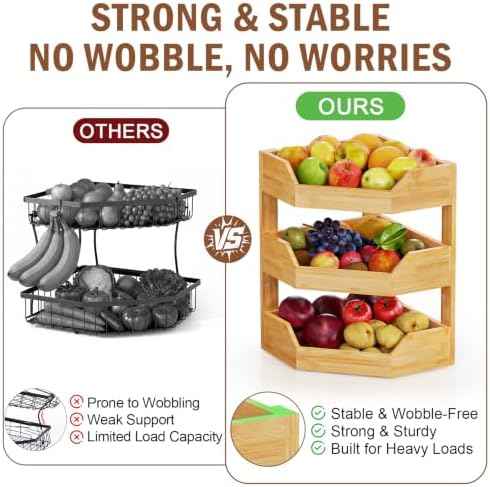 3 Tier Bamboo Corner Fruit Basket for Kitchen Counter, Large Fruit Holder