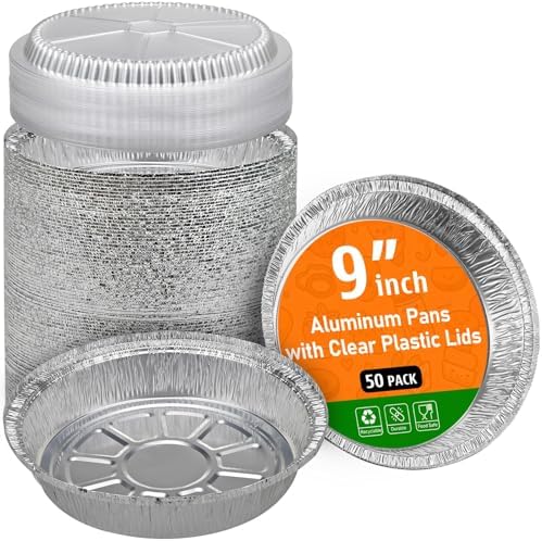 50 Pack 9" Round Aluminum Pans with Clear Lids, Pie Tins Disposable