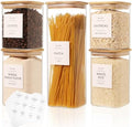 5 Pack Square Glass Pantry Storage Containers with 132 Kitchen Food Pantry Labels - Clear Glass Pantry Jars with Airtight Wood Bamboo Lids - Glass Canisters for Pasta, Cereal, Coffee, Flour, Sugar