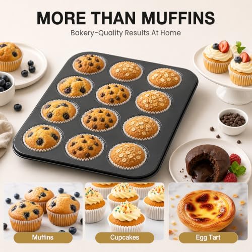 Parmedu 12 Cups Carbon Steel Muffin Pan Set with 200 Cupcake Liners, 2