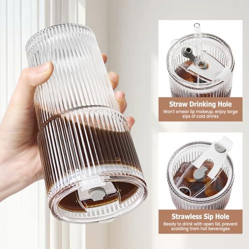TUZAZO 4 Pack 20oz Ribbed Glass Tumblers with Lids and Straws