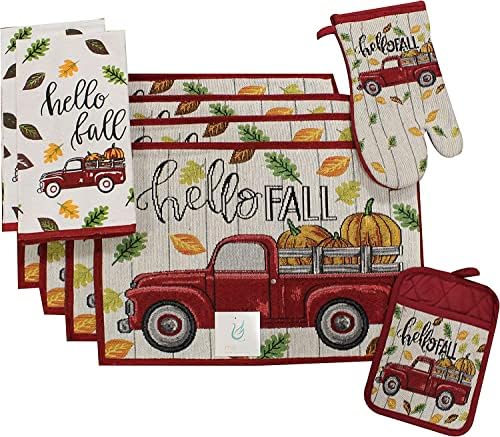 Set of 8, Red Antique Truck and Pumpkin Quote Hello Fall Design