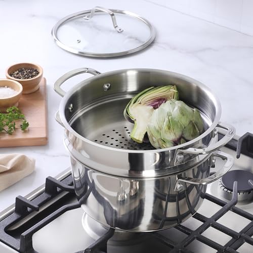 Sur La Table Kitchen Essentials Chef's Deck 3-Piece 5.3-Quart Stainless Steel Dutch Oven with Steamer Insert & Glass Lid – Induction Ready, Tri-Ply Base, Polished Finish & Hollow Stay-Cool Handles