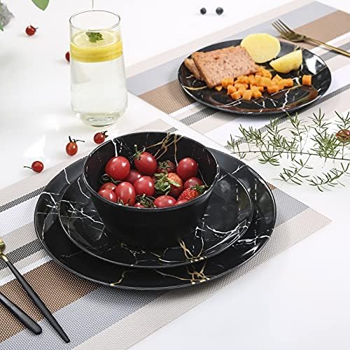 Melamine Dinnerware Sets - 12PCS Plates and Bowls Sets Black Marble