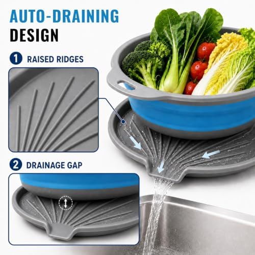2 Collapsible Colanders with Self-Draining Tray(Blue)