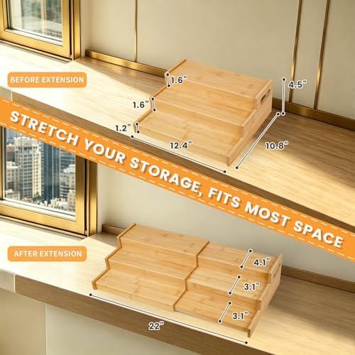 Expandable Bamboo Can Rack Organizer, 3 Tier Canned Food Storage for