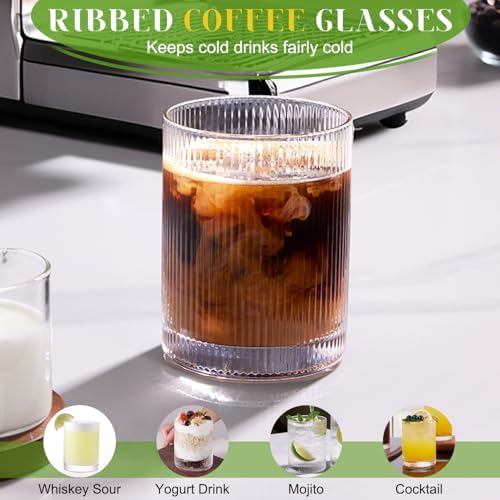 Ribbed Drinking Glasses Cups Set of 8 Large Capacity Highball