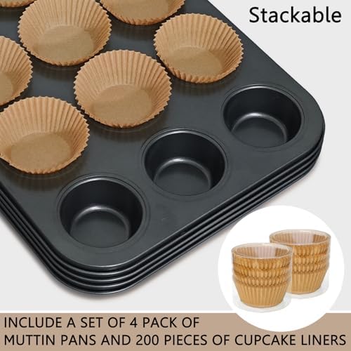 4 Pack Muffin Pan for Baking, Standard Cupcake Pan with 200 Natural