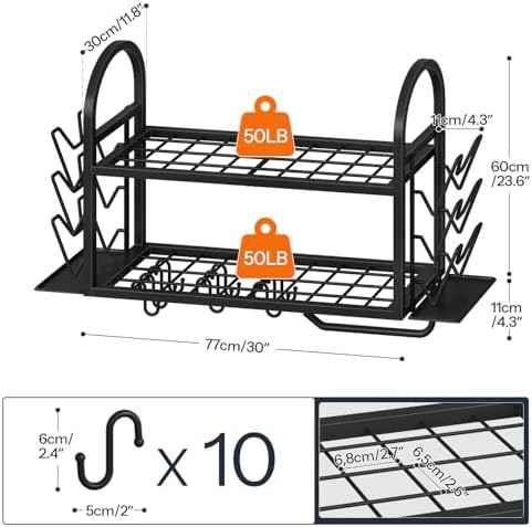 HOOBRO 30 Inch Pot Rack Wall Mounted, 2 Tier Pots and Pans Organizer with 6 Lid Holders and 10 Hooks, Wall-Mounted Pan Hanger with Towel Bar, for Kitchen Cookware Utensils Storage, Black BB100TL01