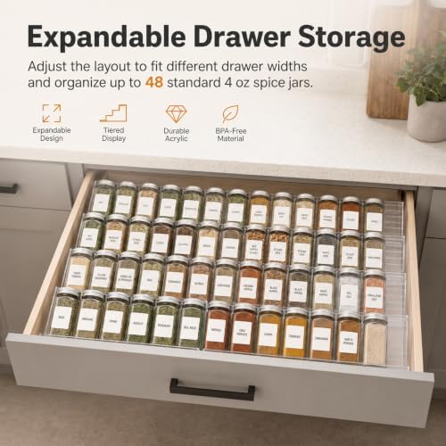 Clear Spice Drawer Organizer, 4 Tier- 8 Packs, Expandable From 11" to