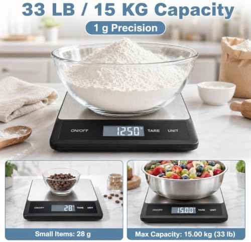 33LB/15KG Digital Kitchen Scale, USB Rechargeable Stainless Steel