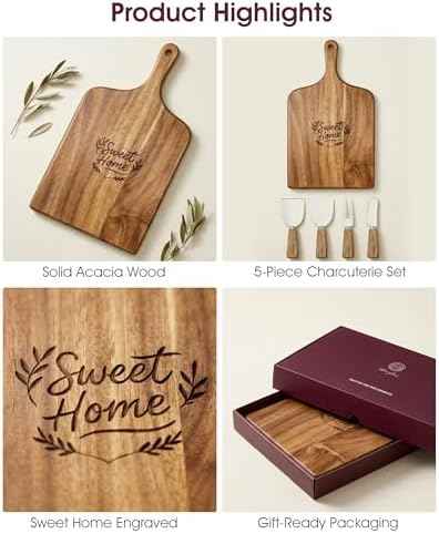 100% Acacia Wood Charcuterie Board Gift Set with Handle & 4 Cheese Knives