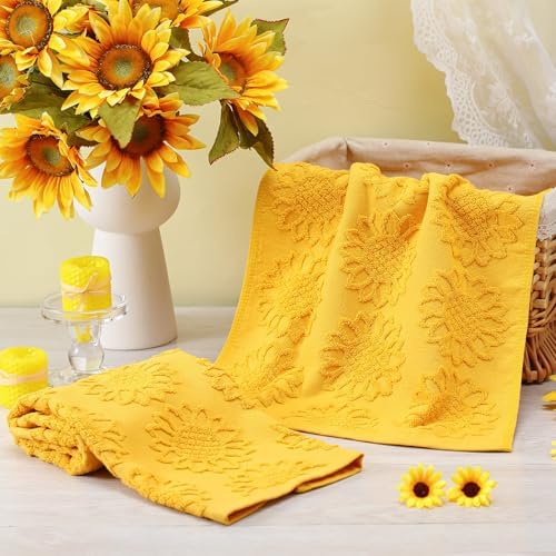 SmoothNovelty 2 Pcs Yellow Sunflower Hand Towels 100% Cotton Jacquard