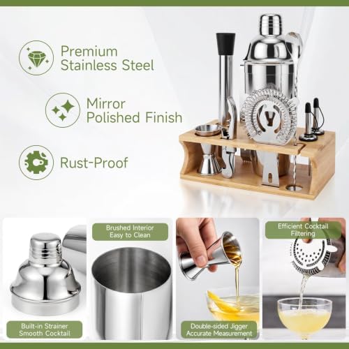 10PCS Stainless Steel Cocktail Shaker Set Bartender Kit with Stand