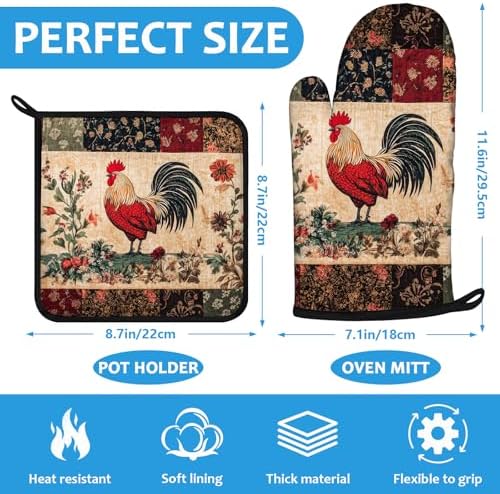 Rustic Rooster Oven Mitts and Pot Holders Set, 4 Pcs