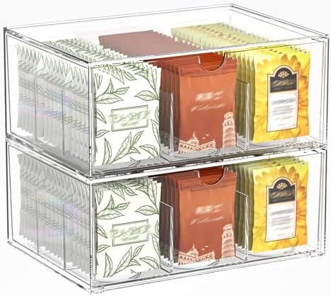 2 Pack Clear Tea Bag Organizer, Stackable Drawer Organizer with