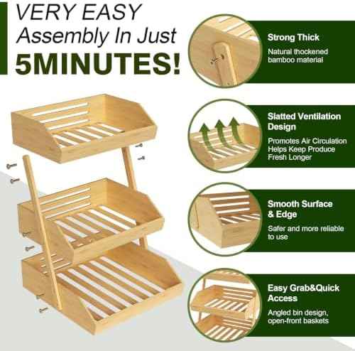 3 Tier Fruit Basket - Bamboo Fruit Bowl for Kitchen Counter, Large Tiered Storage for Bread Snacks Veggies, Durable & Easy to Assemble Stand for Countertop Organizer