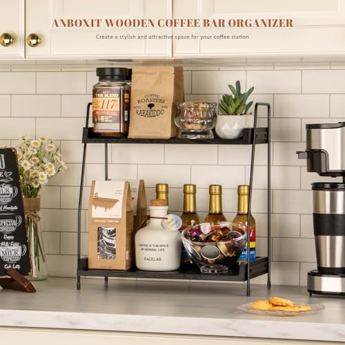 ANBOXIT 2-Tier Coffee Station Organizer, Wooden Kitchen Counter Shelf