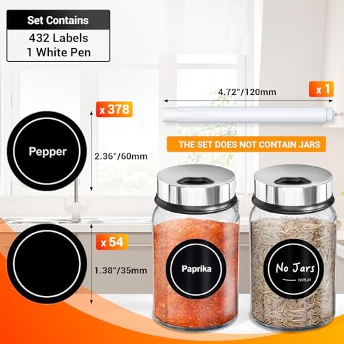 Segarty Preprinted Spice Labels, 432 Round Black Printed Pantry Labels