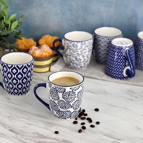 Elama Declan 12 Ounce Assorted Design Stoneware Mug Set in Blue and
