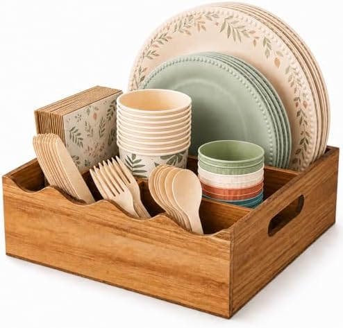 Utensil Caddy, Acacia Wood Utensil Holder for Party, 6 Compartment