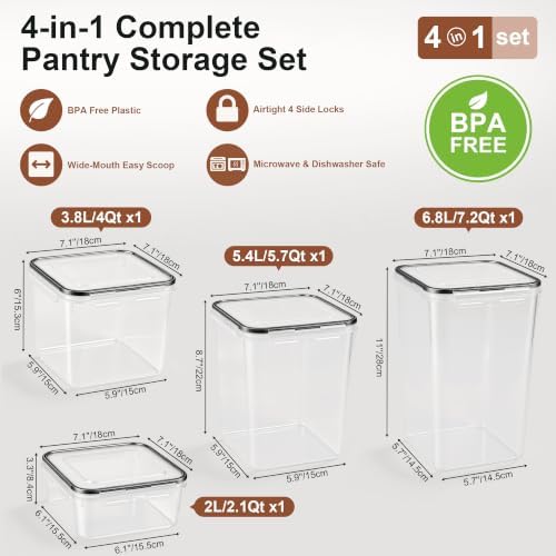 Airtight Flour Sugar Containers with Lids: 4 Pack for Pantry Food