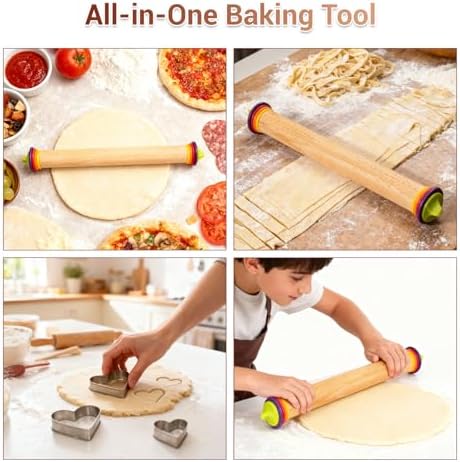 Adjustable Rolling Pin with Thickness Rings, Wooden Dough Roller & 12