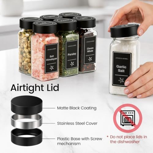 Glass Spice Jars with Grinder Lid 24 Pack 4 oz Black Stainless