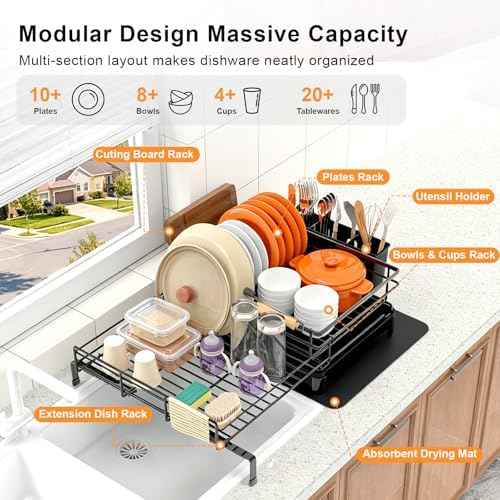 4-in-1 Expandable Dish Drying Rack, 12"-22" Over Sink Dish Drainer