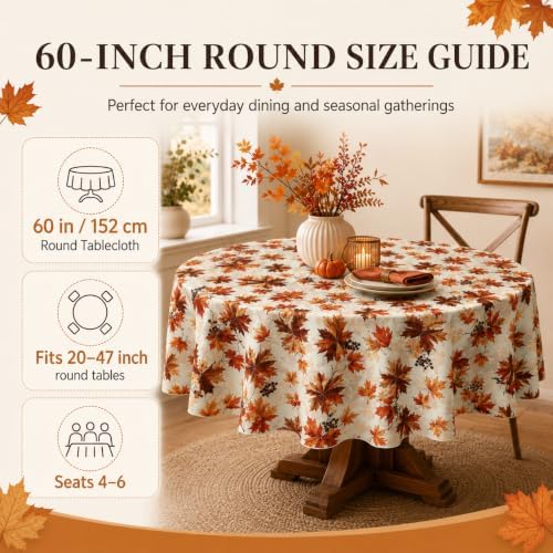 Fall Round Tablecloth 60 Inch Maple Leaves Waterproof Heat Resistant