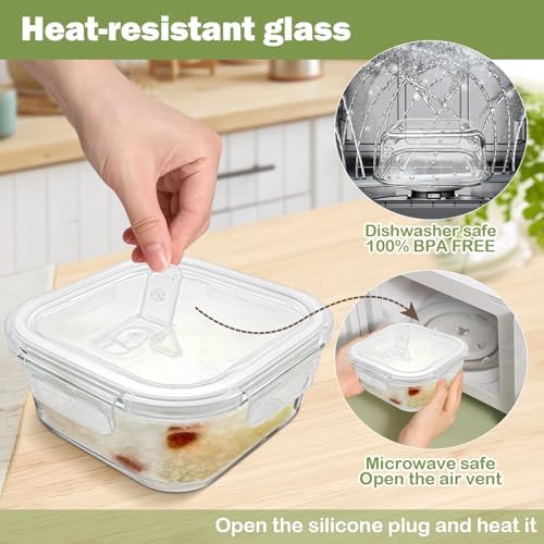 Square Glass Containers with Lids, 3 Cup, 4-Pack