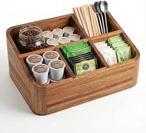 Dstuff Acacia Wood Coffee Station Organizer for Countertop, Tea