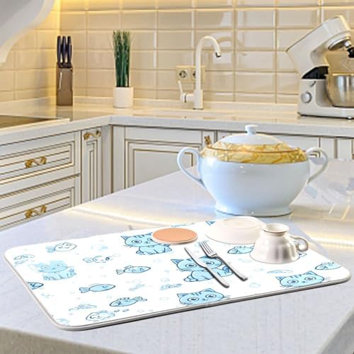 OTVEE Underwater Cat Print Dish Drying Mat for Kitchen Counter