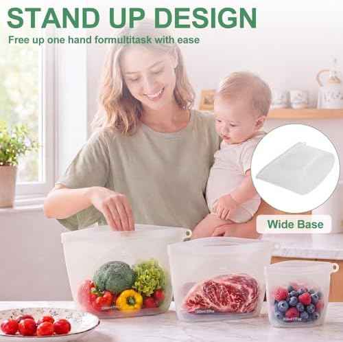 Silicone Reusable Food Storage Bags 6 Pack,Reusable Freezer Bags,Stand