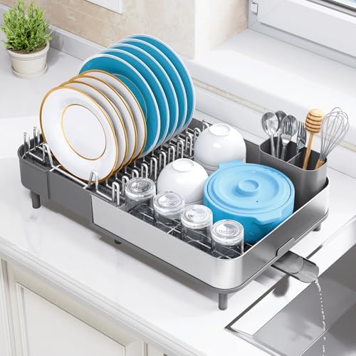 Urackify Expandable Stainless Steel Dish Drying Rack, Gray