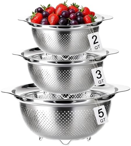 3 Pcs Stainless Steel Colander Set for Kitchen, Metal Food Pasta