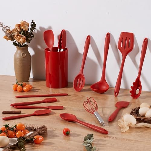 LIANYU 14 Pcs Silicone Cooking Utensils Set with Holder, Red