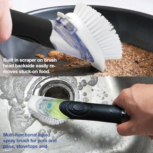 CELOX Dish Brush with Soap Dispenser, 3 Brush Heads, Black