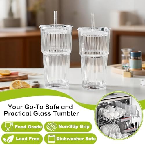 4pcs Ribbed Glass Tumbler with Straw and Lid - 20oz Reusable Iced